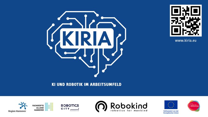 „KIRIA-Logo mit Gehirn-Schaltkreis-Grafik, Text: KI und Robotik im Arbeitsumfeld, Partnerlogos, QR-Code."