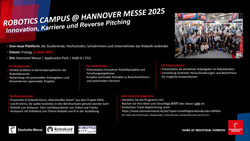 Werbebanner „Robotics Campus @ Hannover Messe 2025" mit Programminfos, Logos und Gruppenfoto auf dunklem Hintergrund.
