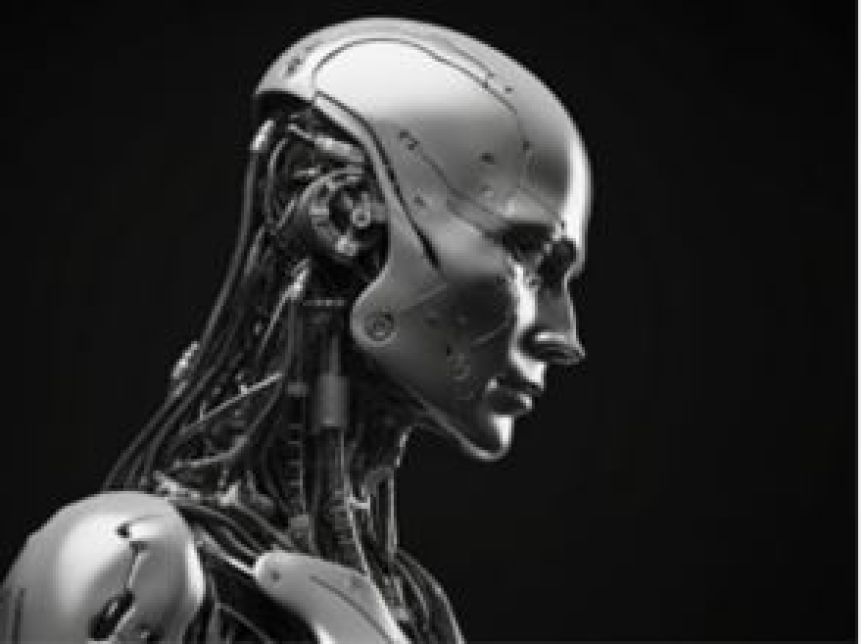 „Seitenprofil eines humanoiden Roboters mit sichtbaren Kabeln und mechanischen Details, schwarz-weiß Fotografie."