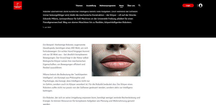 „Nahaufnahme eines Robotergesichts mit realistischen Lippen und glatter, silberner Oberfläche."

(89 Zeichen)